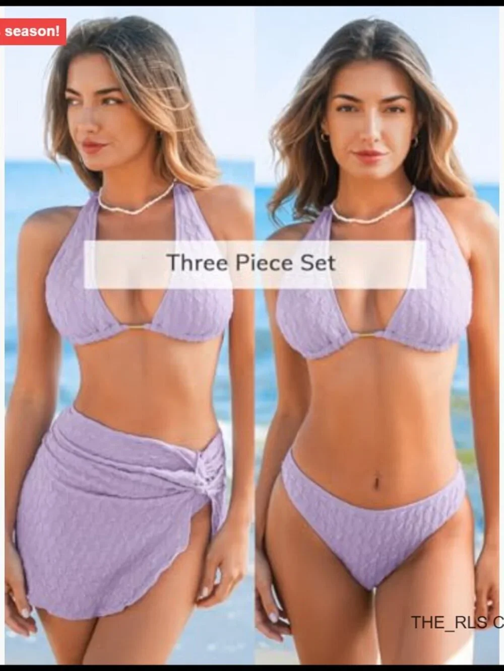 Three Piece Bikini Set with V Neck Halter Back Self Tie Twist Sarong